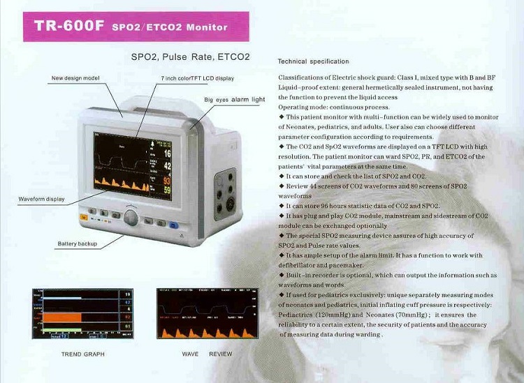 Multi-function patient monitor TR-600F 7 inch color LCD display SPO2/Pulse Rate/ ETCO2 monitor price